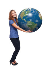 Woman in full length holding earth globe