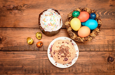 Easter cake, quark dessert and easter eggs on the table