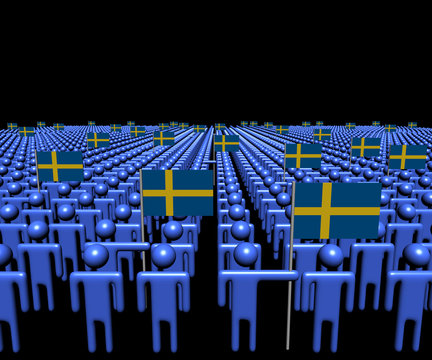 Crowd of abstract people with many Swedish flags illustration