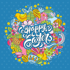 Fototapeta na wymiar Easter Festive Doodle Card with Hand Drawn Elements of Spring Holidays and Calligraphic Lettering Inscription Happy Easter on Blue Polka Dots Background. Vector Illustration.