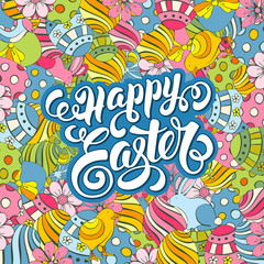 Easter Festive Doodle Background with Hand Drawn Elements of Spring Holidays and Calligraphic Lettering Inscription Happy Easter. Vector Illustration.