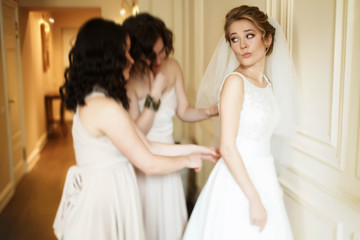  happy stylish gorgeous blonde bride with bridesmaids on the bac