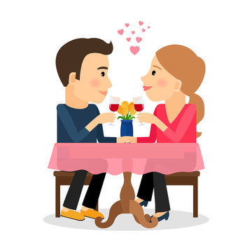 Man and woman in love. Romantic couple sitting in restaurant with wine. Vector illustration