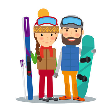 Young happy couple with alpine ski and snowboard. Skiing and snowboarding people. Vector illustration