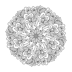 Round element for coloring book. Black and white floral pattern.