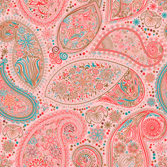 Paisley vintage floral motif ethnic seamless background. Printable colors abstract lace pattern. Editable colors without losing seamlessly. Hand drawing motley wallpaper. EPS-8 vector buta texture
