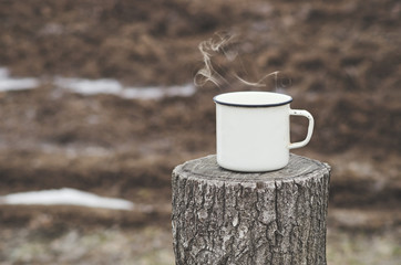Hot drink outdoors on a cold winter day