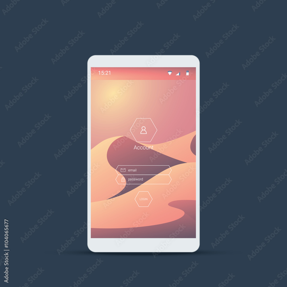 Poster mobile user interface login screen. smartphone icons for account and password with natural desert du