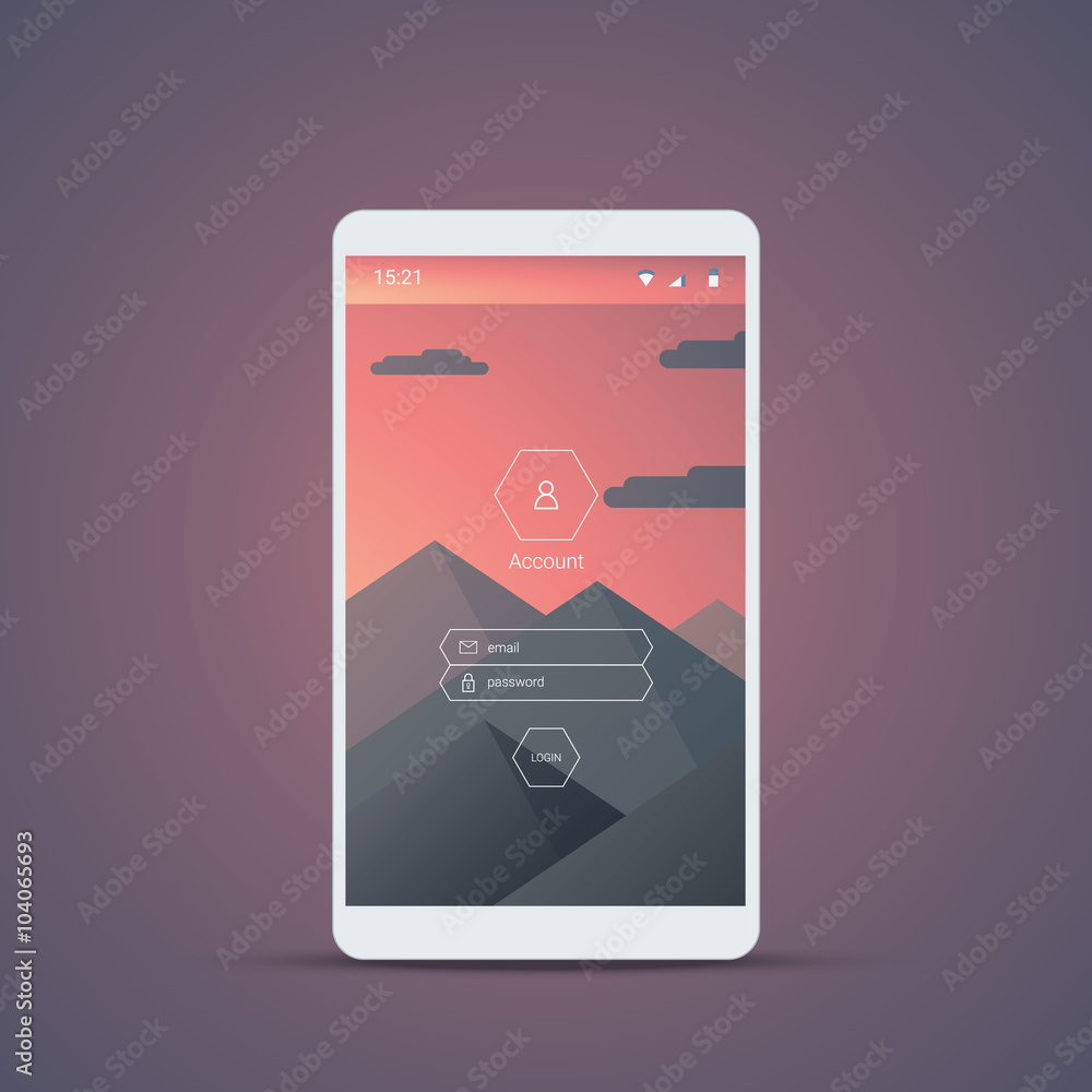 Poster mobile user interface login screen. smartphone icons for account and password with mountains landsca
