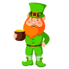 A cartoon leprechaun holding a pot of coins.