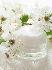 Fototapeta na wymiar natural facial cream with spring blossom, fresh as spring flowers