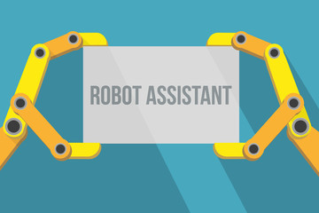 Robot hands holding blank sign with space for text.