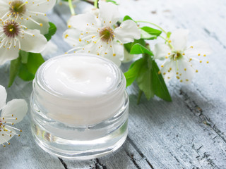 Obraz na płótnie Canvas natural facial cream with spring blossom, fresh as spring flowers