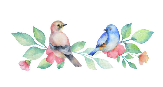 Watercolor colored bouquets of flowers and birds.