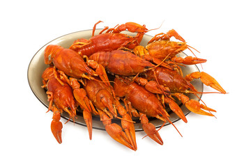 river boiled crayfish on a plate isolated on white background
