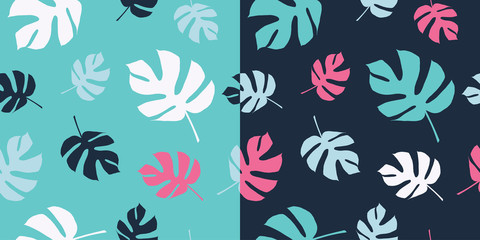 Set of two seamless backgrounds with decorative palm leaves. Print. Cloth design, wallpaper.