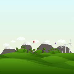 Landscape with fields and hills. Think Green. Ecology Concept.
