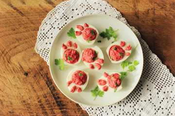 deviled eggs ( Bunny feet ) with beet