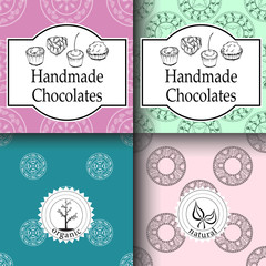 Vector handmade chocolates packaging templates and design elements for candy shop - cardboard with emblems and logos and seamless patterns