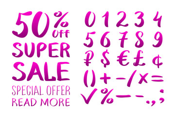 Numbers 0-9 written with a brush on a white background lettering. Super Sale. Big sale. Sale tag. Sale poster. Sale vector. Super Sale and special offer. 50% off. Vector illustration.