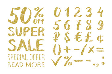 Gold glittering alphabet - numbers (figures), currency signs. Super Sale. Big sale. Sale tag. Sale poster. Sale vector. Super Sale and special offer. 50% off. Vector illustration.