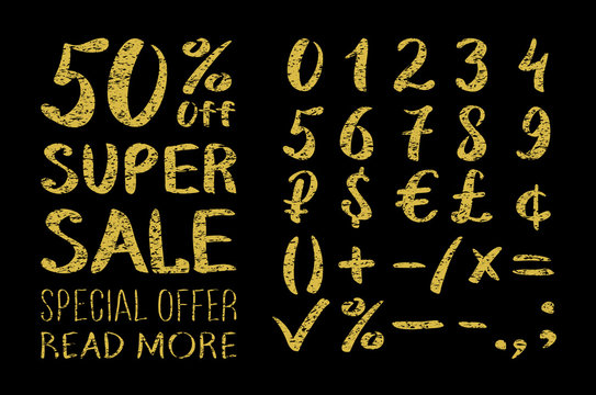 Gold glittering  metal alphabet - numbers (figures), currency signs. Super Sale. Big sale. Sale tag. Sale poster. Sale vector. Super Sale and special offer. 50% off. Vector illustration.