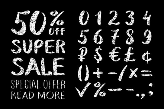 Numbers 0-9 written with a brush on a black background lettering. Super Sale. Big sale. Sale tag. Sale poster. Sale vector. Super Sale and special offer. 50% off. Vector illustration.