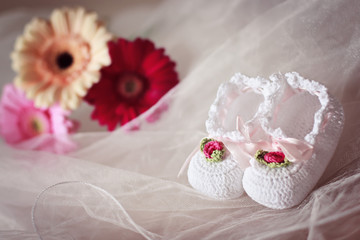 Obraz na płótnie Canvas White knit baby booties decorated with flowers and ribbons with gerberas in the background