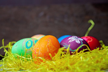 Easter eggs on rustic wooden background