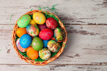 Easter eggs on rustic wooden background
