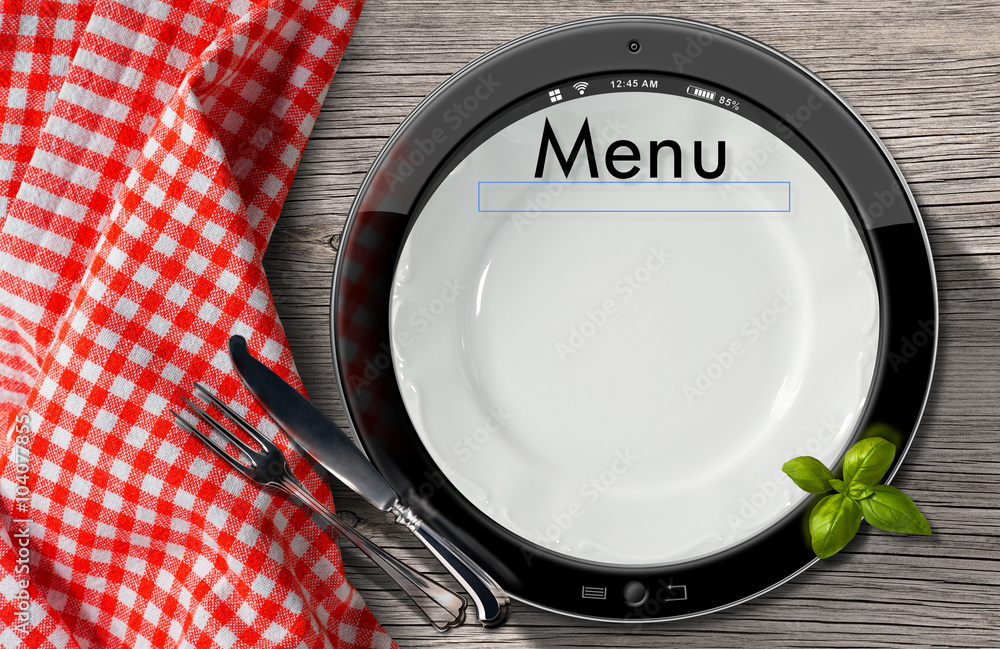 Poster restaurant menu in the tablet computer / round tablet computer with text menu and white plate in the