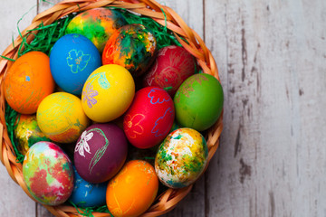 Easter eggs on rustic wooden background