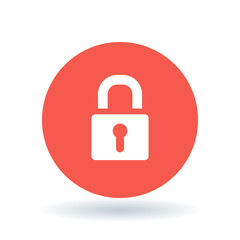 Padlock icon. Security lock sign. Secure protection symbol. White secure padlock icon on red circle background. Vector illustration.