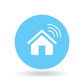 Smart home icon. Wireless house sign. Home automation app symbol. White smart home icon on blue circle background. Vector illustration.