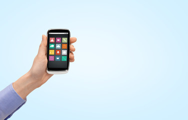 close up of hand with smartphone menu icons