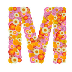 Letter M alphabet with straw flower isolated on white background
