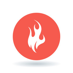 Fire icon. Flame sign. Flammable symbol. White fire icon on red circle background. Vector illustration.