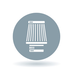 Cone filter induction kit icon. Performance car air intake sign. Modified vehicle air filter symbol. White car air filter icon on cool grey circle background. Vector illustration.