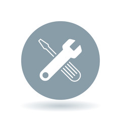 Configuration tools icon. Settings and preferences sign. Spanner and screwdriver symbol. White tools icon on cool grey circle background. Vector illustration.