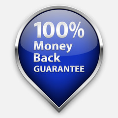Blue 100% money back guarantee plate in silver frame