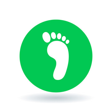 Foot icon. Footprint sign. Barefoot symbol. White footprint icon on green circle background. Vector illustration.