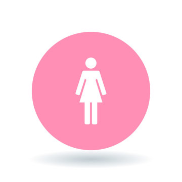 Female gender icon. Ladies sign. Women symbol. White female sign on pink circle background. Vector illustration.