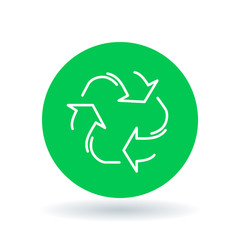 Recycle icon. Reuse sign. Recycle symbol. White recycle icon on green circle background. Vector illustration.