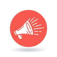 Loudspeaker icon. Megaphone sign. Announcement symbol. White loudspeaker sale icon on red circle background. Vector illustration. © JoelMasson