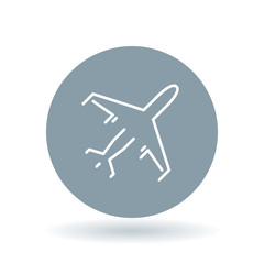Flying airplane icon. aircraft sign. Commercial passenger plane symbol. White airplane icon on cool grey circle background. Vector illustration.