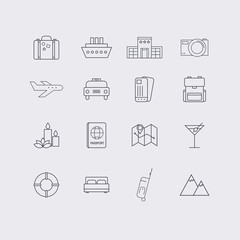 Line icons set in flat design. Elements of Vacation, Travel, Hot