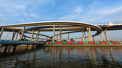 Bhumibol Bridge with skyline reflection