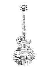 Creative Rock music poster template. Electric guitar made with words. Vector typography illustration.