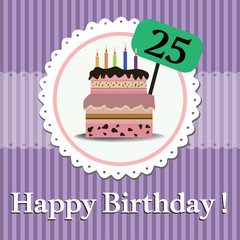 Colorful illustration with delicious cake made for someone's birthday, celebrating the age of twenty five