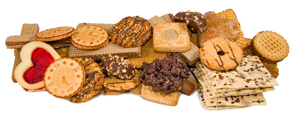 Isolated image of many different delicious cookies closeup